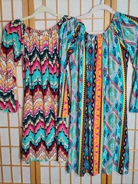 2 Piece Set Boho Western Chic Flowy Tunic Dresses Trumpet Sleeves Size S